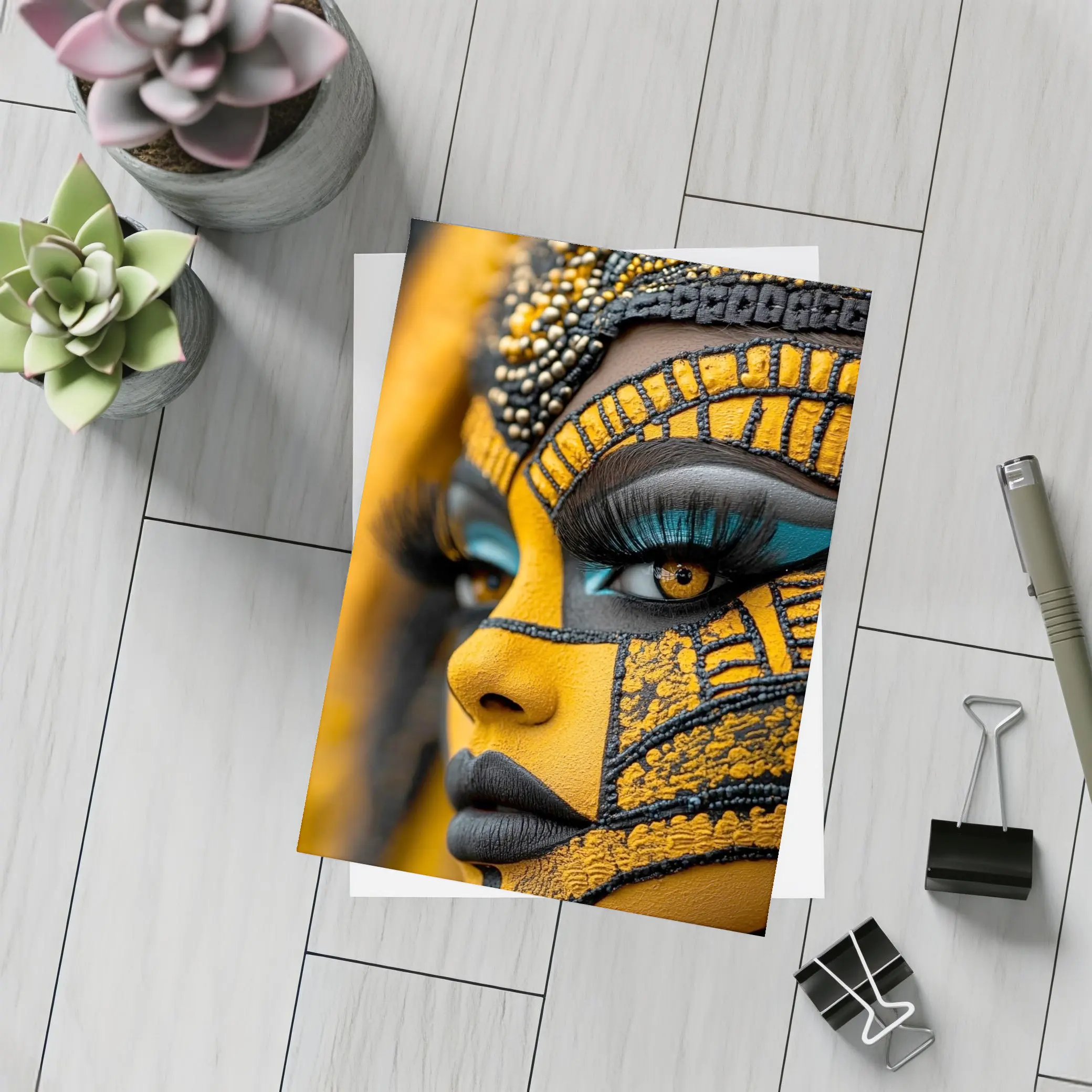 African Tribal Face Art Gold Black – Postcards