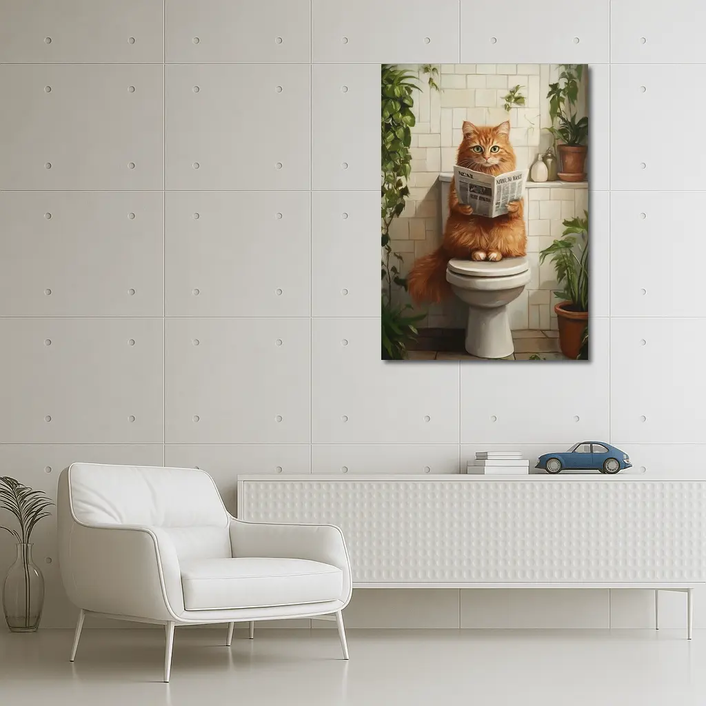 Orange Cat Reading Newspaper On Toilet – Wall Art