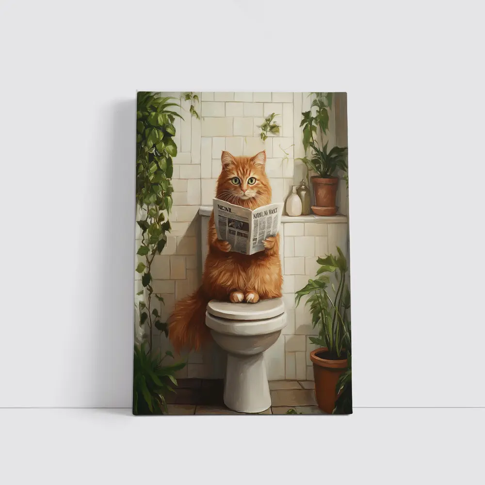Orange Cat Reading Newspaper On Toilet – Wall Art