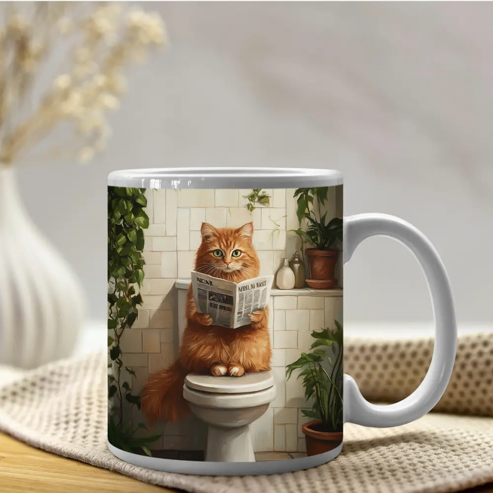 Orange Cat Reading Newspaper On Toilet – Mugs