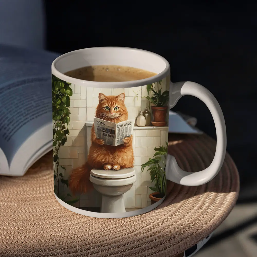 Orange Cat Reading Newspaper On Toilet – Mugs