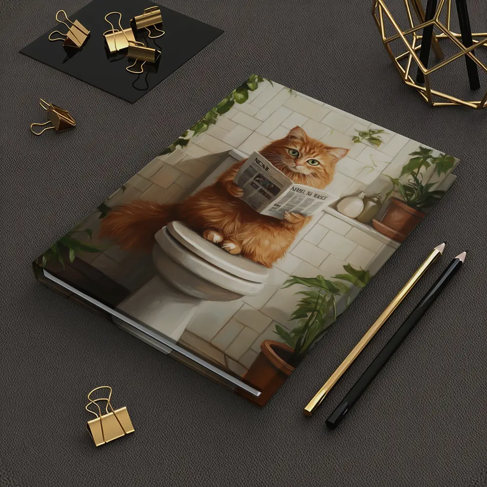 Orange Cat Reading Newspaper On Toilet – Notebooks