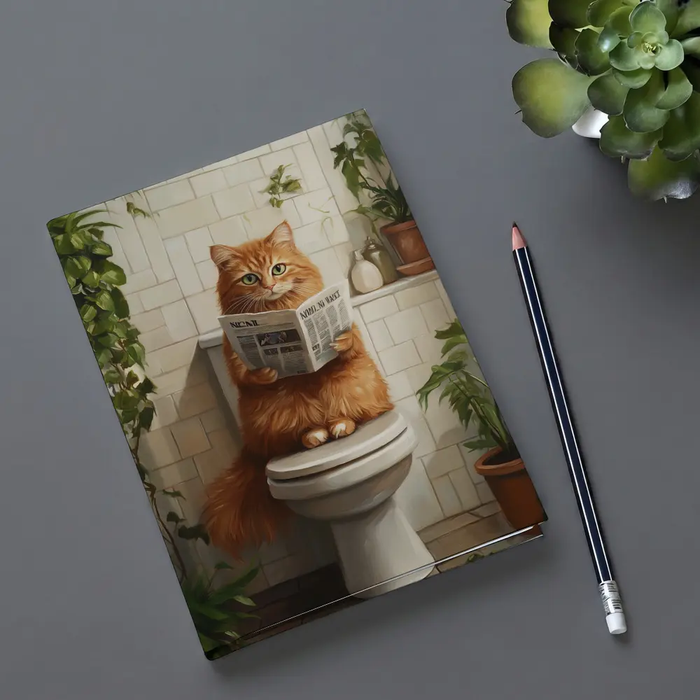 Orange Cat Reading Newspaper On Toilet – Notebooks