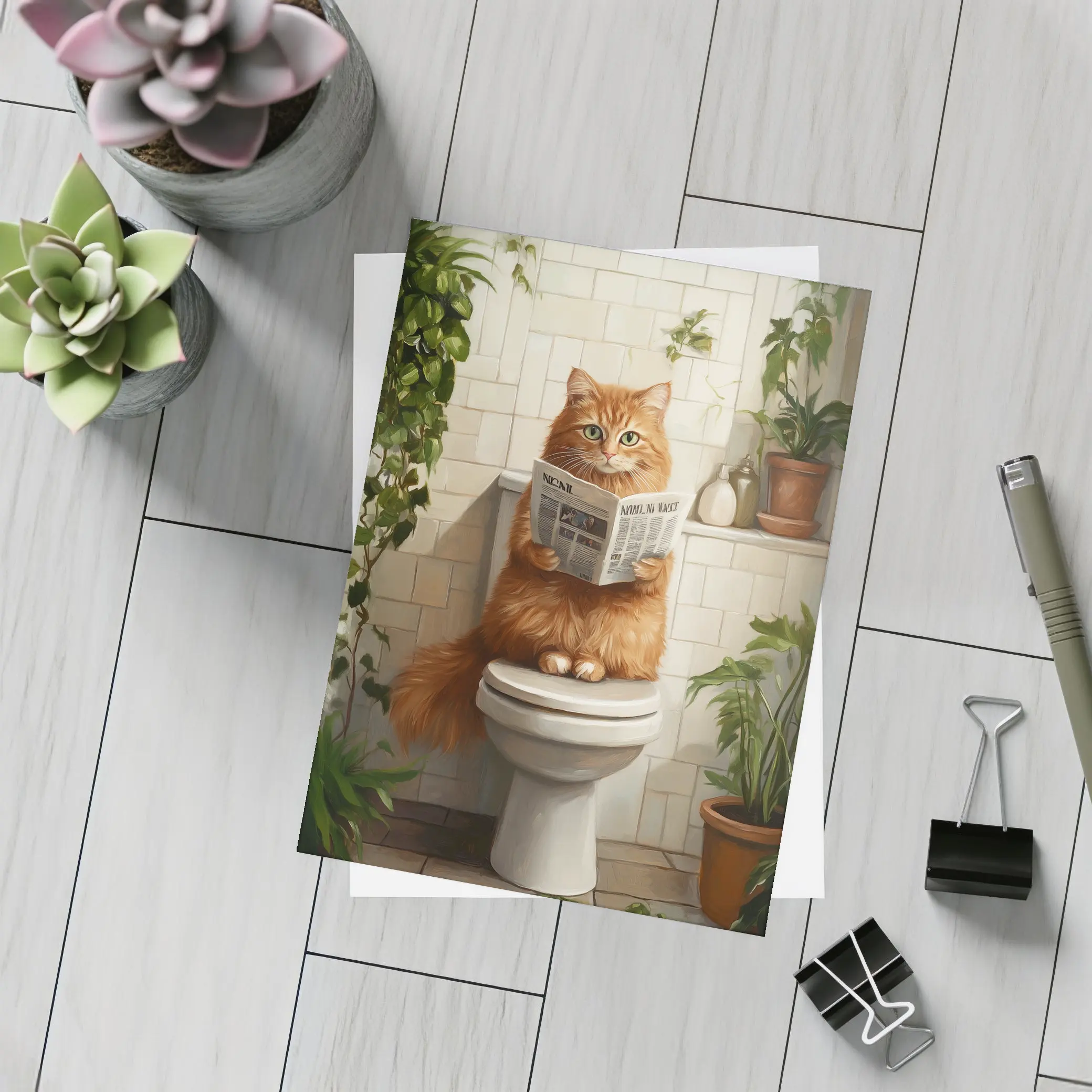 Orange Cat Reading Newspaper On Toilet – Postcards