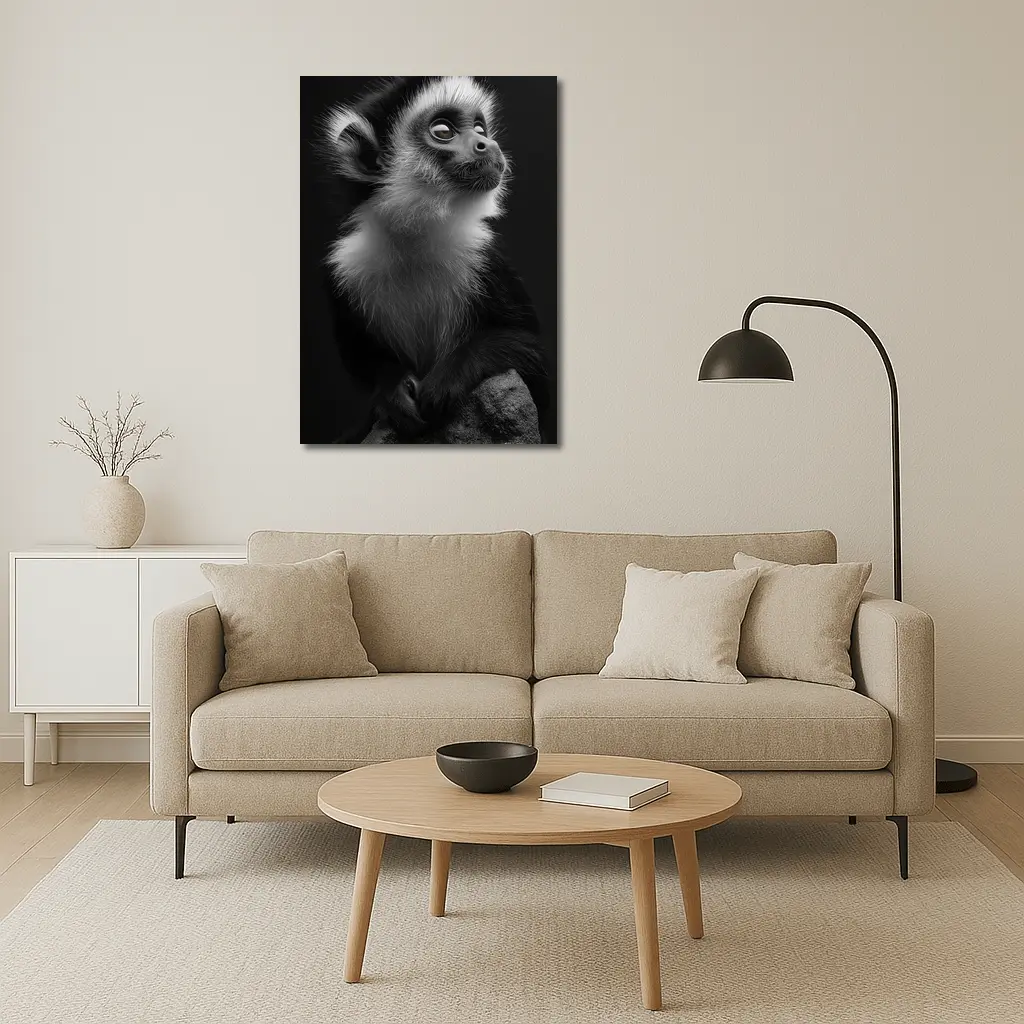 Black and White Monkey Portrait Dark Background – Wall Art