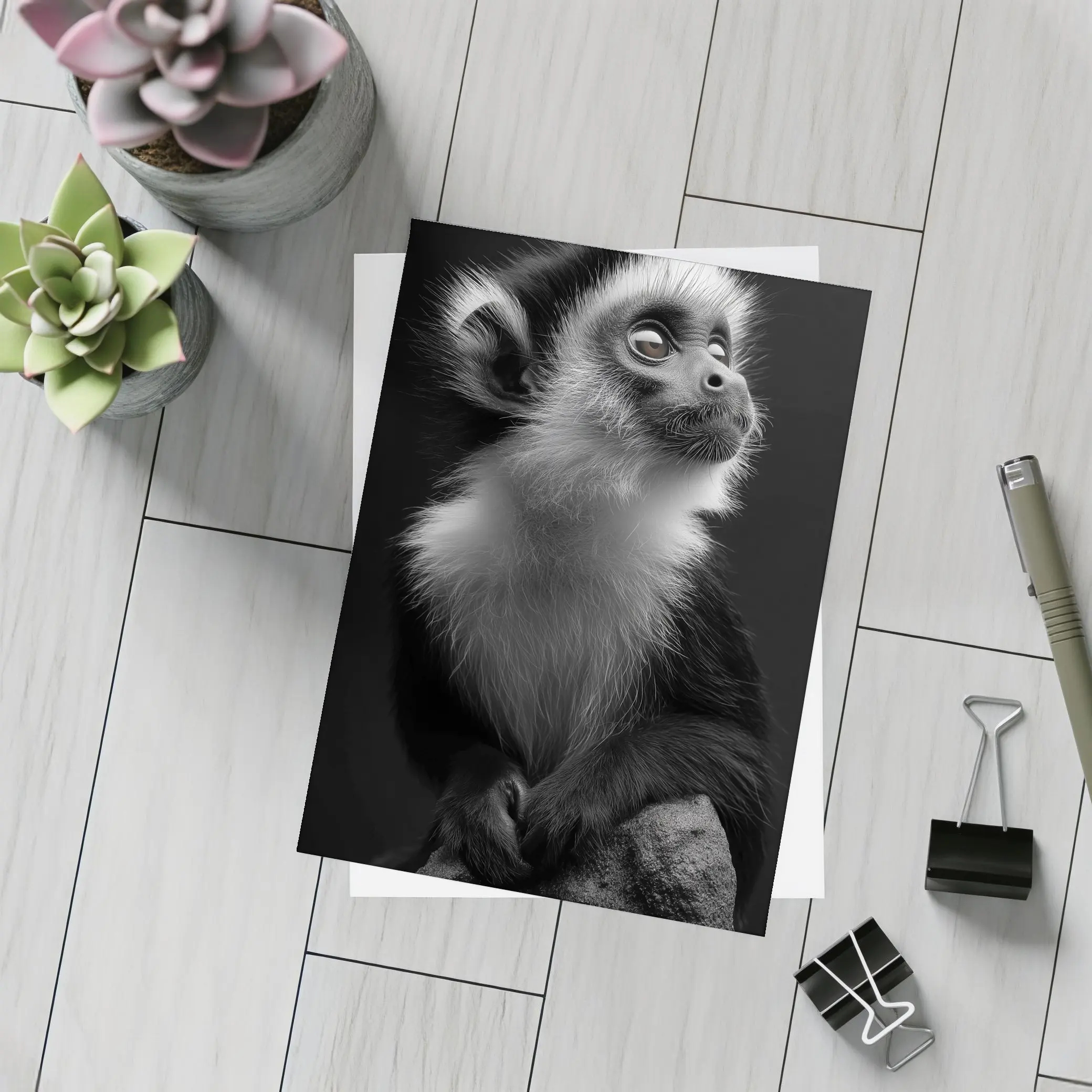 Black and White Monkey Portrait Dark Background – Postcards