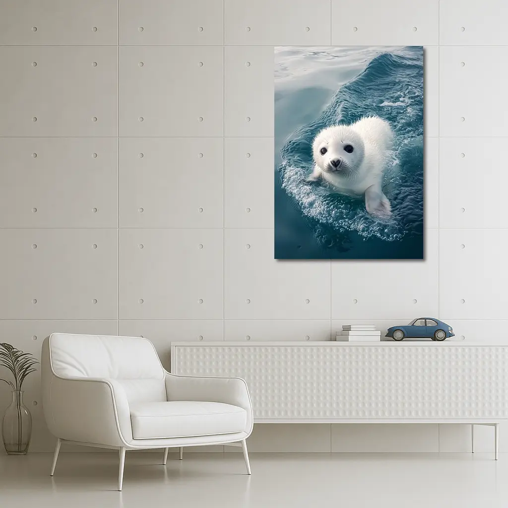 White Baby Seal Pup Swimming Blue Ocean – Wall Art