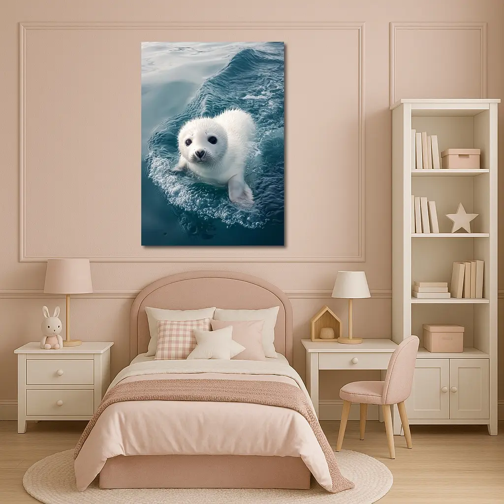 White Baby Seal Pup Swimming Blue Ocean – Wall Art