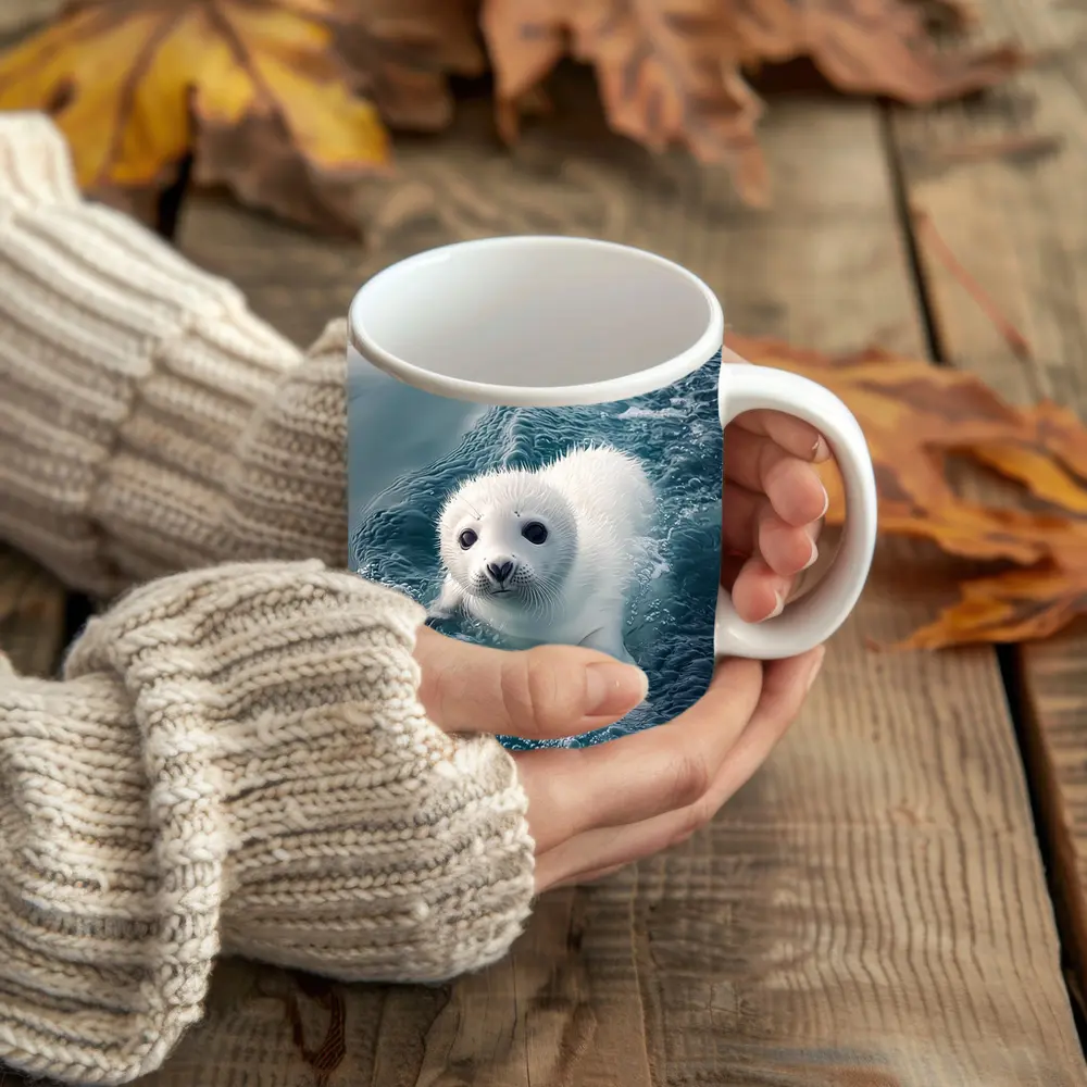 White Baby Seal Pup Swimming Blue Ocean – Mugs