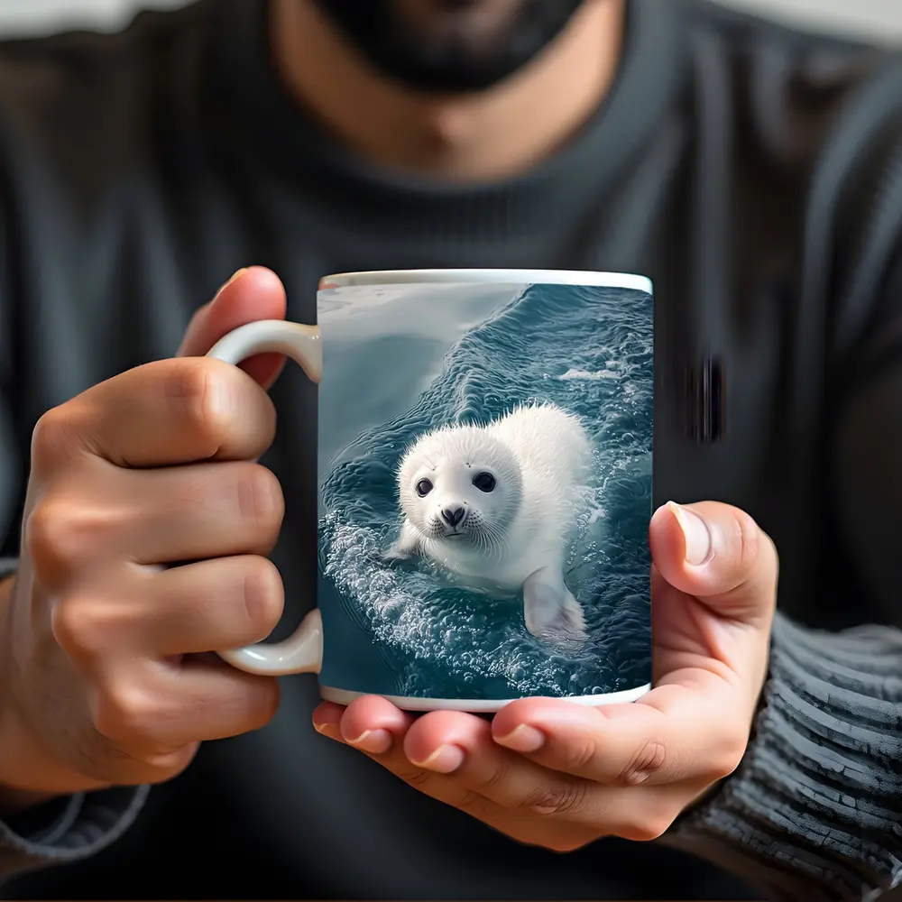 White Baby Seal Pup Swimming Blue Ocean – Mugs
