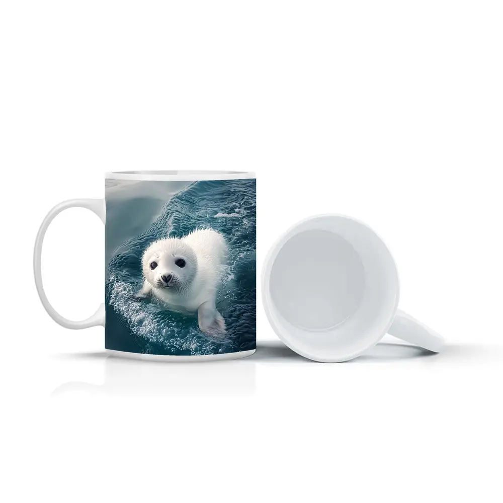 White Baby Seal Pup Swimming Blue Ocean – Mugs