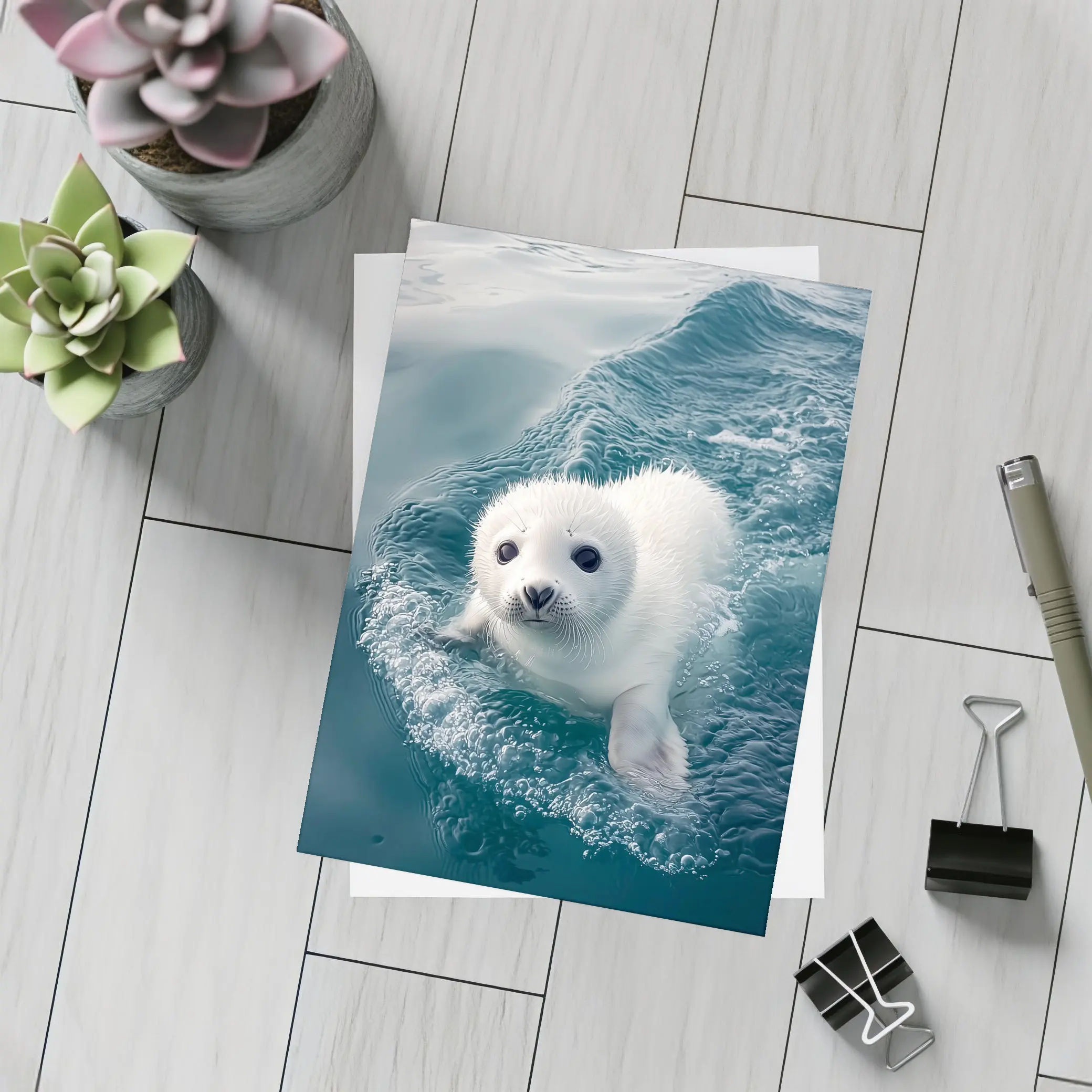 White Baby Seal Pup Swimming Blue Ocean – Postcards