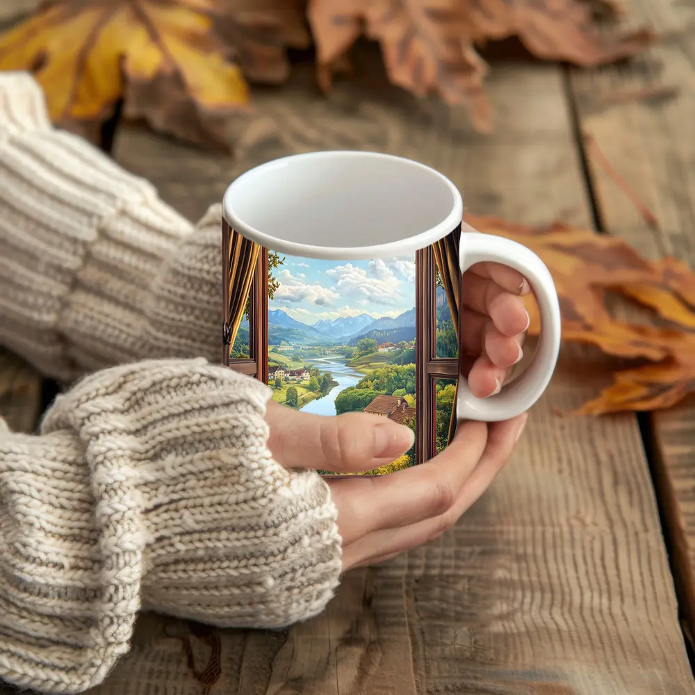 Open Window View Rolling Valley Landscape – Mugs