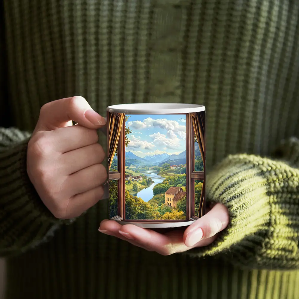 Open Window View Rolling Valley Landscape – Mugs