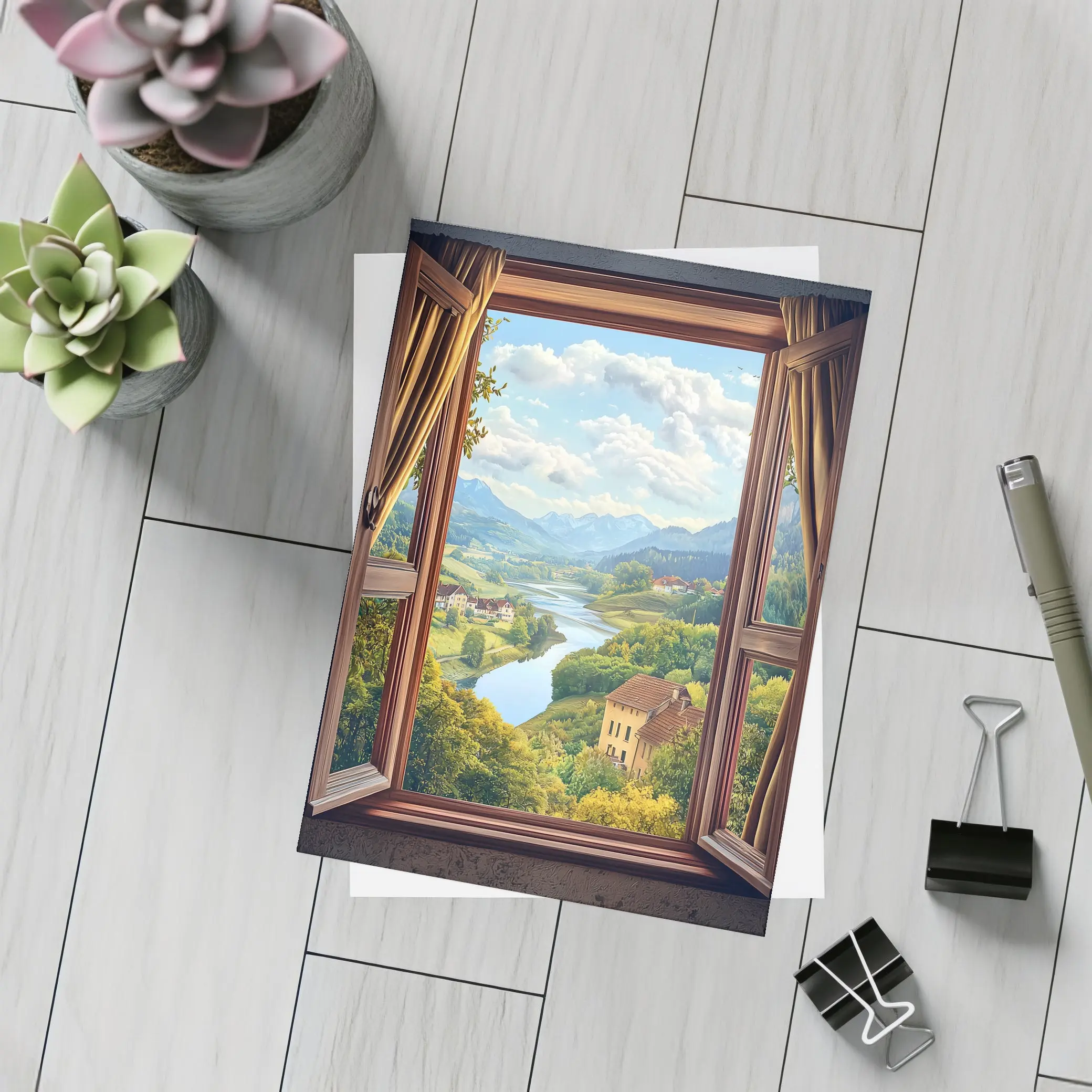 Open Window View Rolling Valley Landscape – Postcards