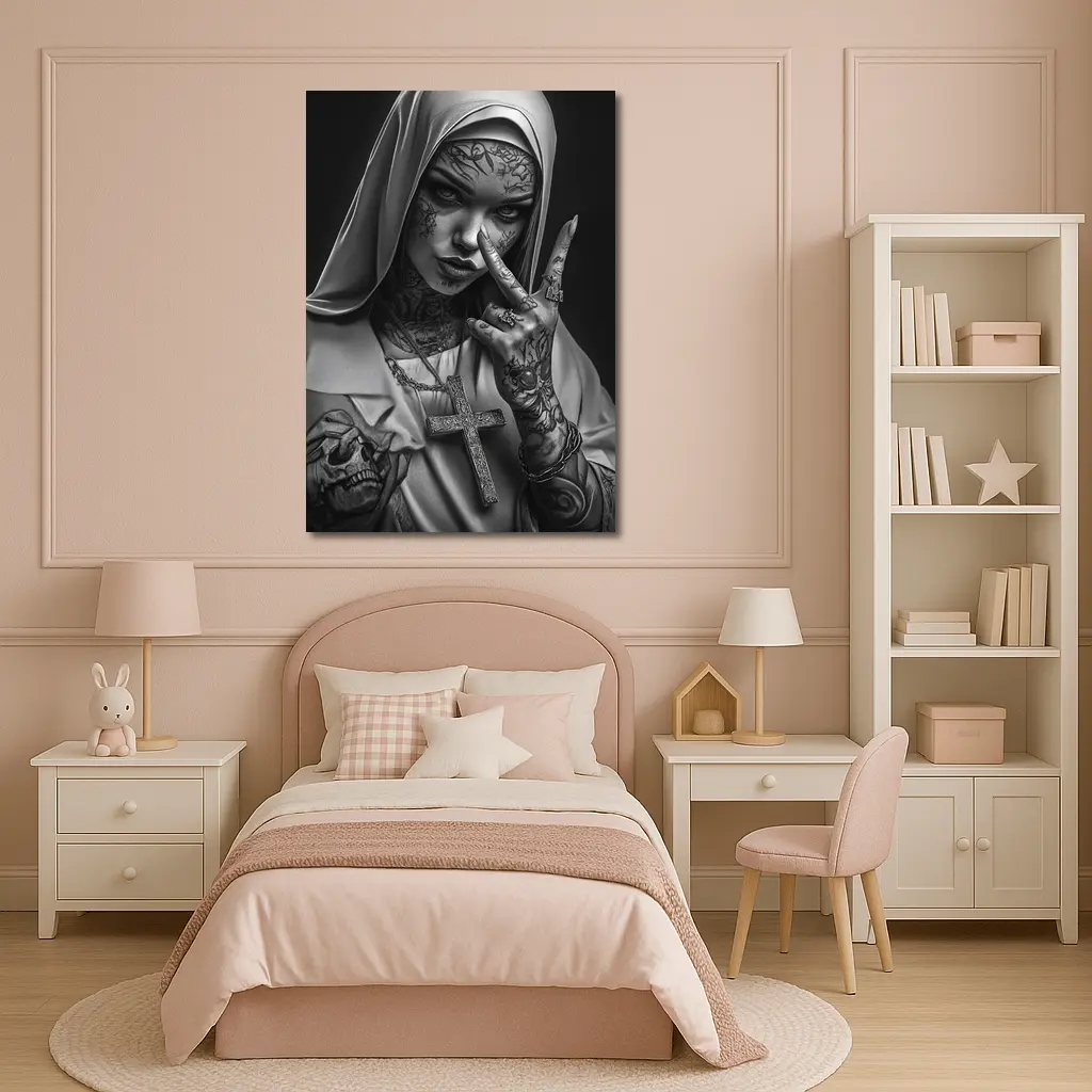 Tattooed Nun Dark Gothic Black White Art – Wall Art
