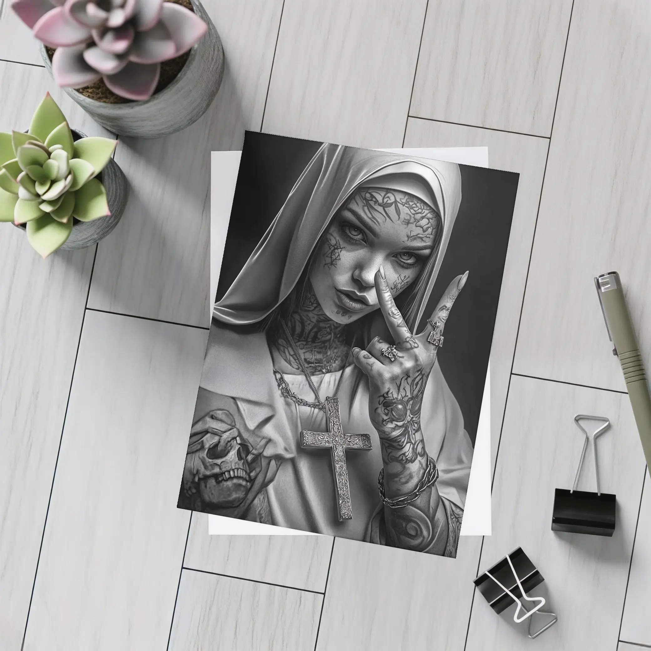 Tattooed Nun Dark Gothic Black White Art – Postcards