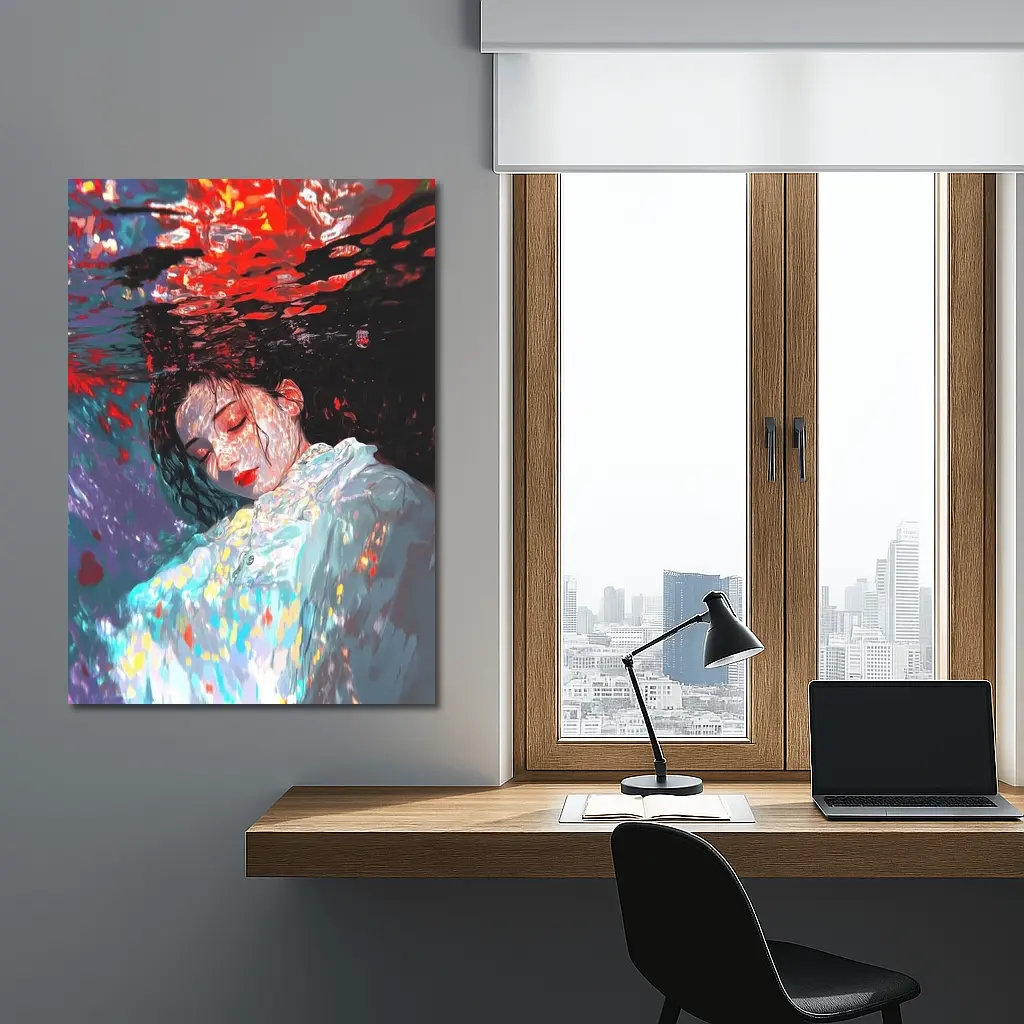 Woman Underwater Red Abstract Art Print – Wall Art