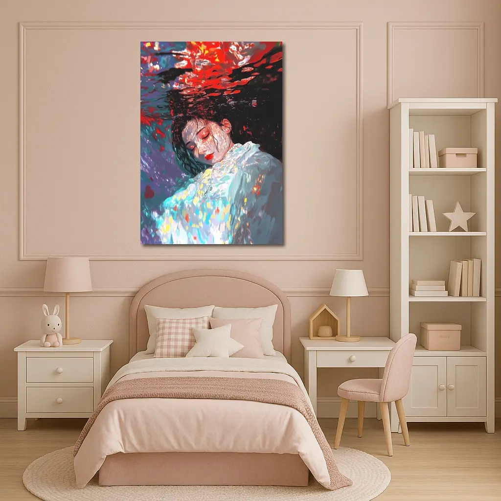 Woman Underwater Red Abstract Art Print – Wall Art