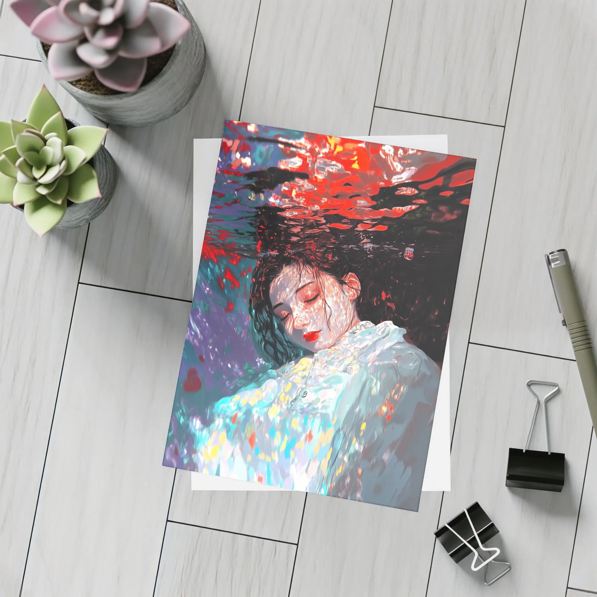 Woman Underwater Red Abstract Art Print – Postcards