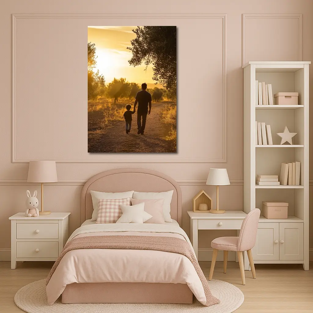Father and Son Walking at Golden Sunset – Wall Art