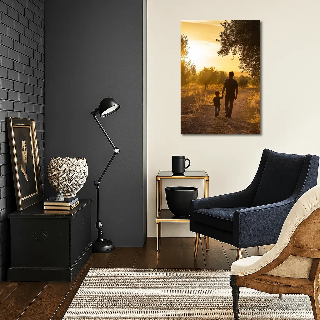 Father and Son Walking at Golden Sunset – Wall Art