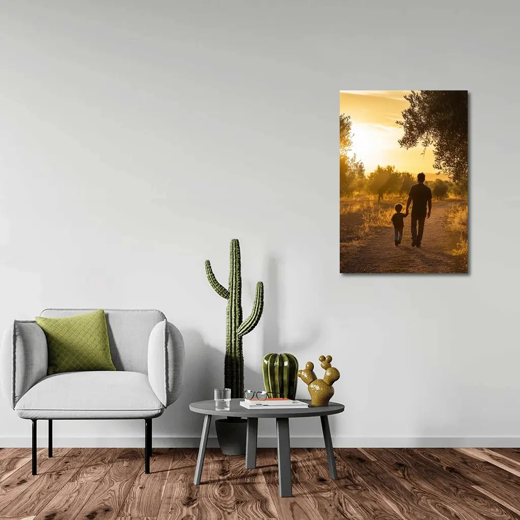 Father and Son Walking at Golden Sunset – Wall Art