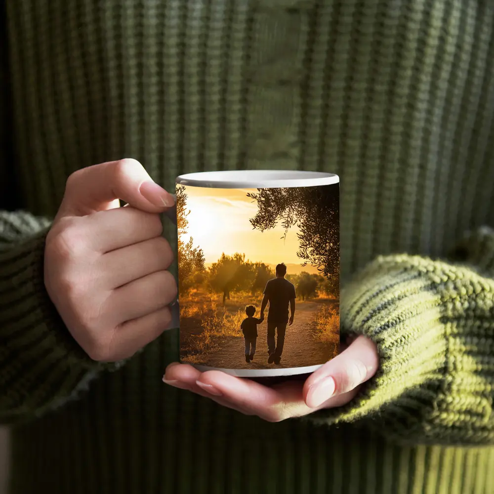 Father and Son Walking at Golden Sunset – Mugs