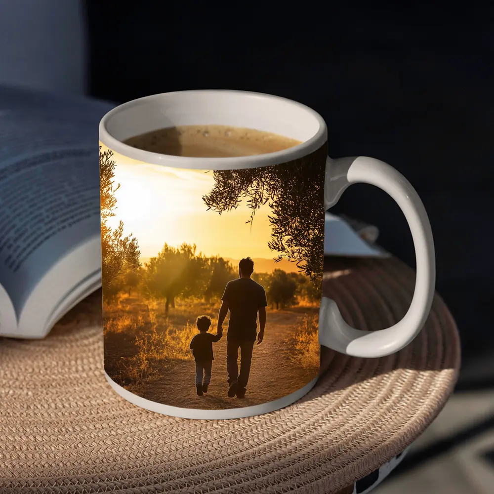 Father and Son Walking at Golden Sunset – Mugs