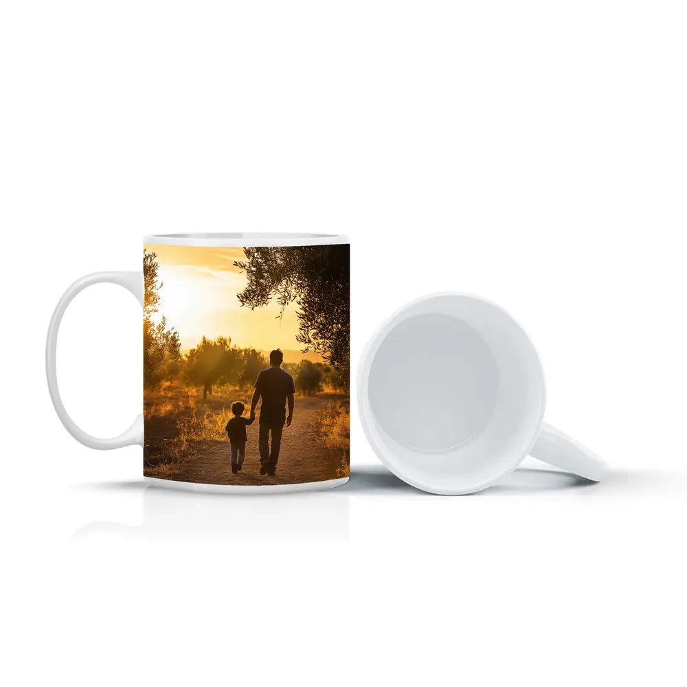 Father and Son Walking at Golden Sunset – Mugs