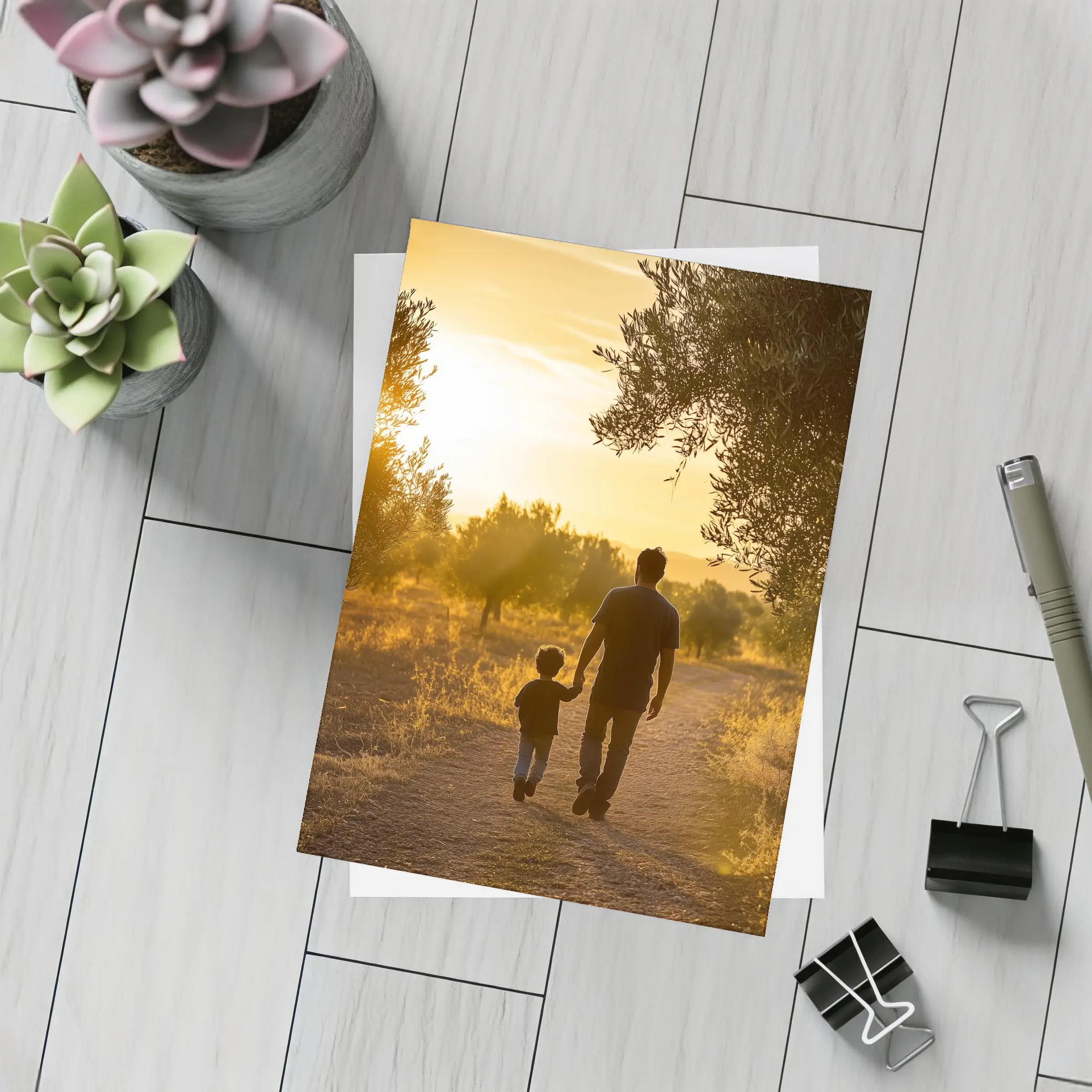 Father and Son Walking at Golden Sunset – Postcards