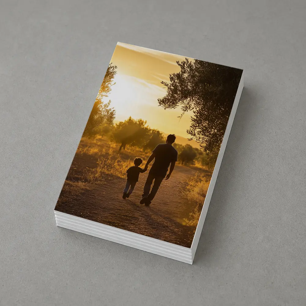 Father and Son Walking at Golden Sunset – Postcards