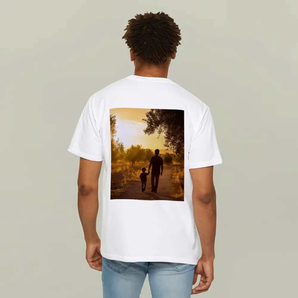 Father and Son Walking at Golden Sunset – T-Shirts