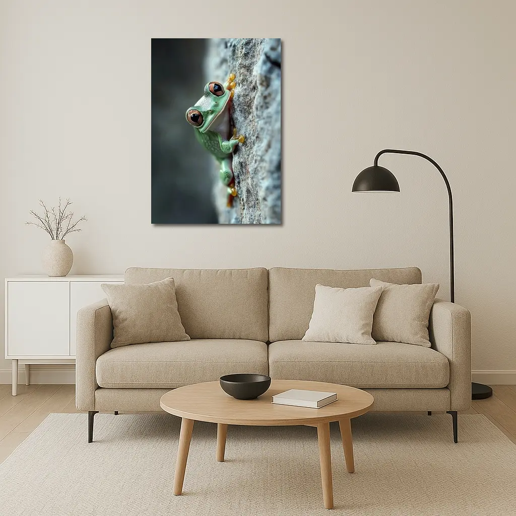 Green Tree Frog Climbing Gray Rock – Wall Art