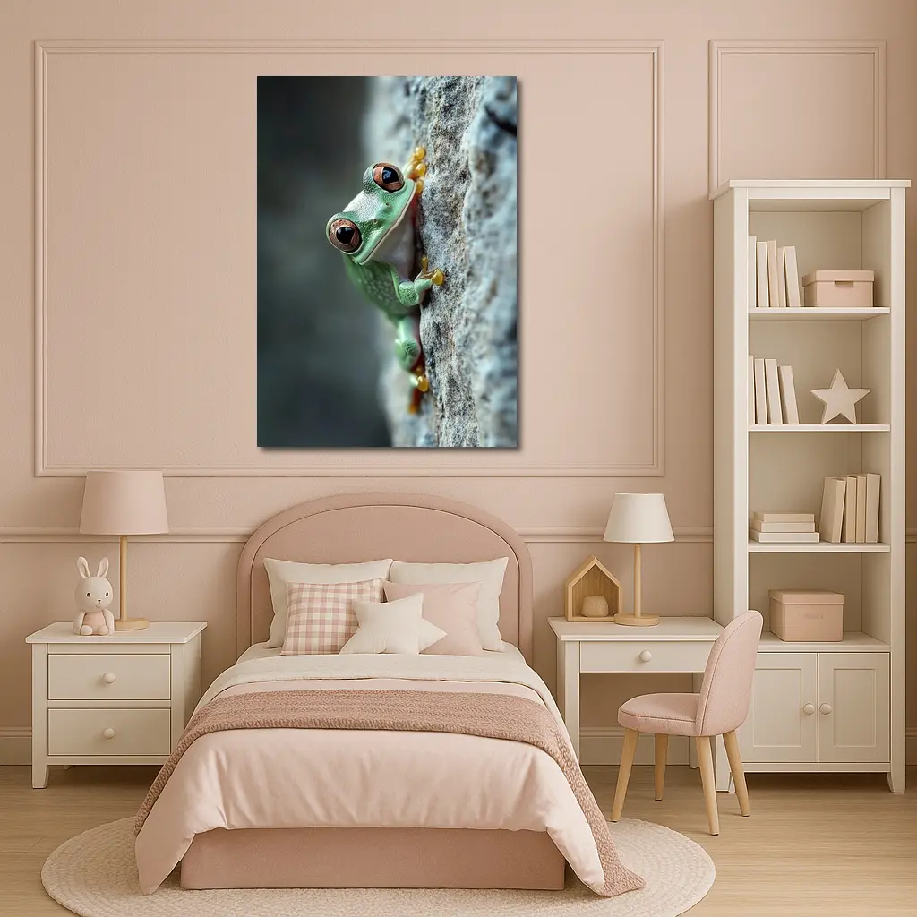 Green Tree Frog Climbing Gray Rock – Wall Art