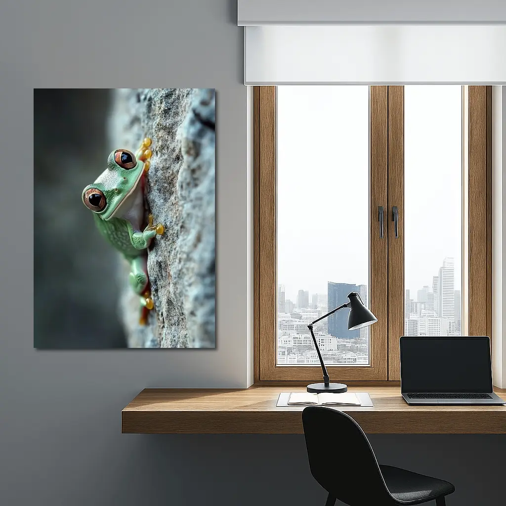 Green Tree Frog Climbing Gray Rock – Wall Art