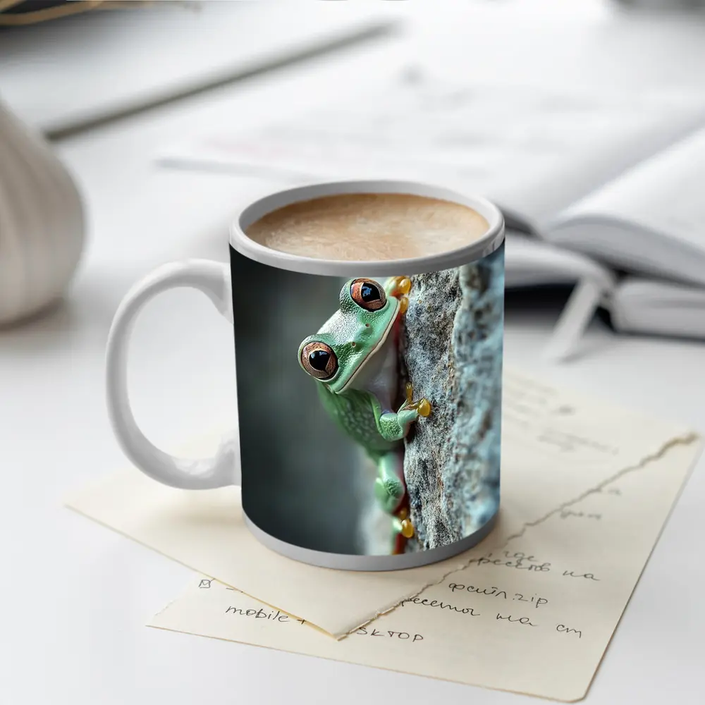 Green Tree Frog Climbing Gray Rock – Mugs