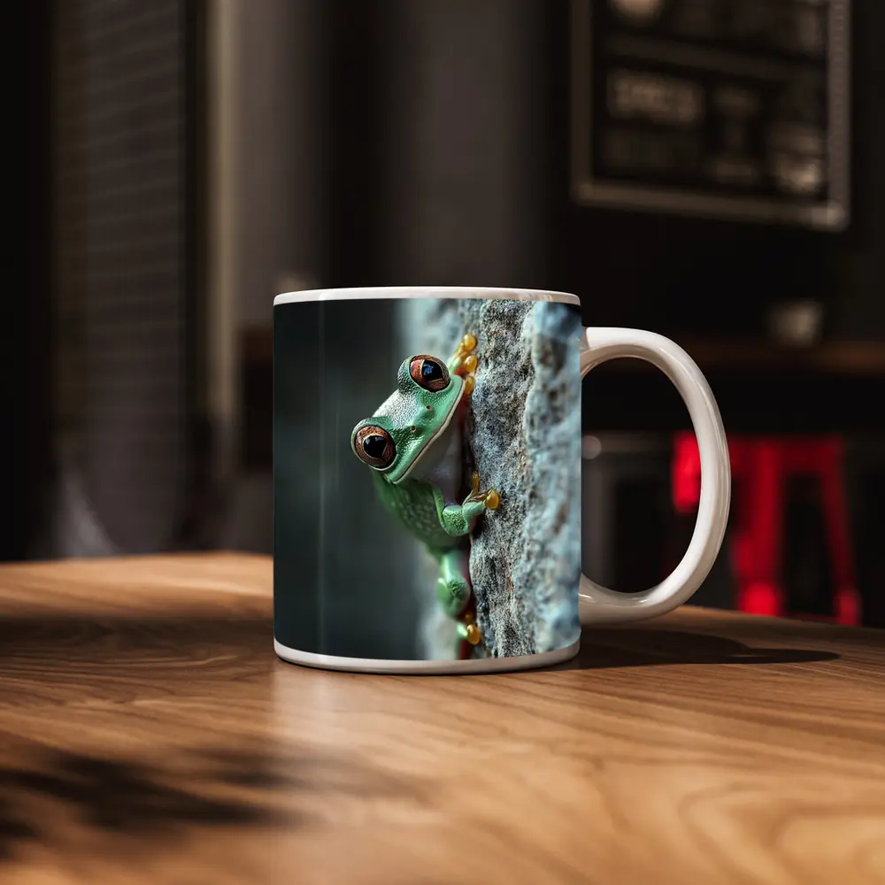 Green Tree Frog Climbing Gray Rock – Mugs