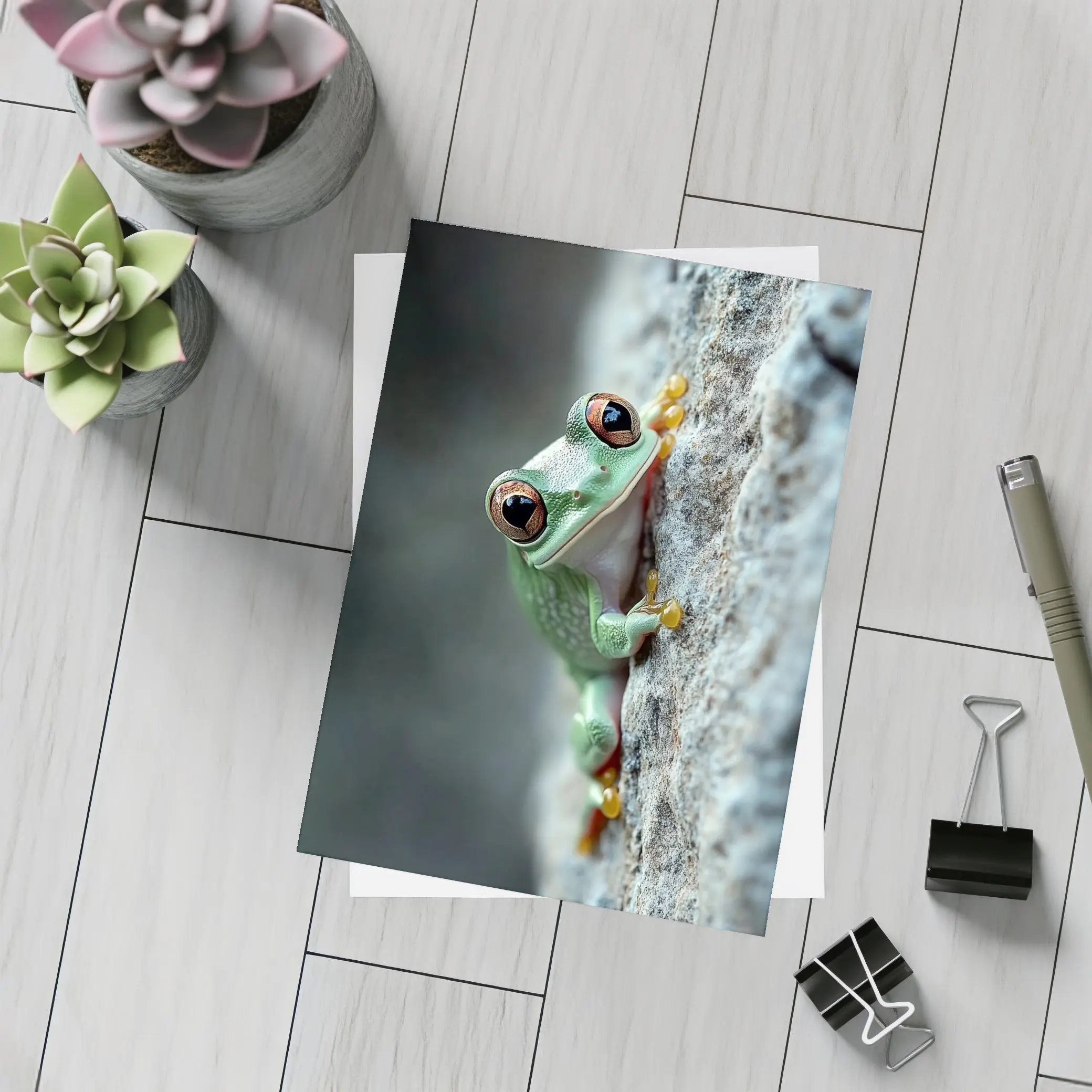 Green Tree Frog Climbing Gray Rock – Postcards