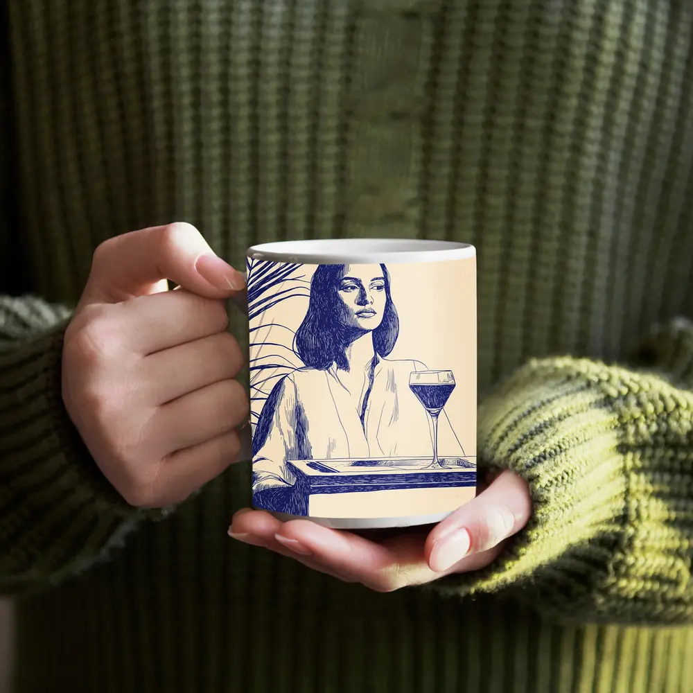 Woman With Wine Glass Line Art Drawing – Mugs