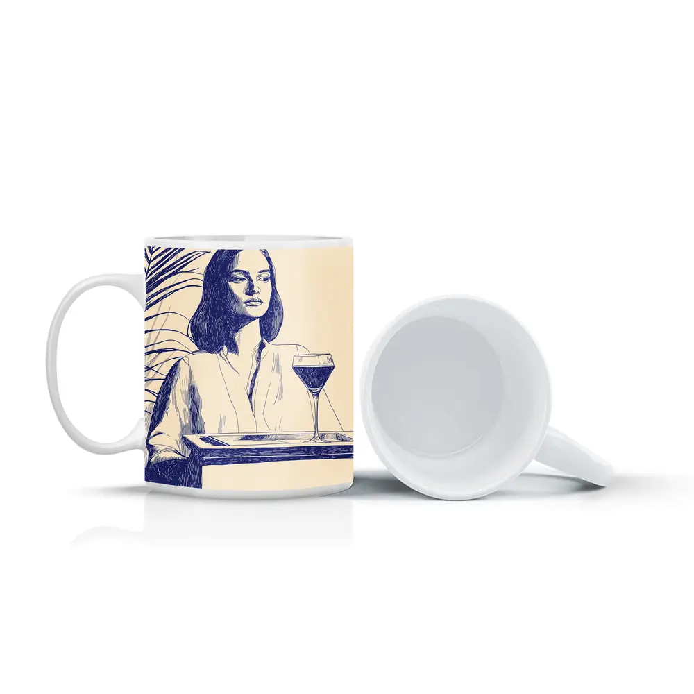 Woman With Wine Glass Line Art Drawing – Mugs