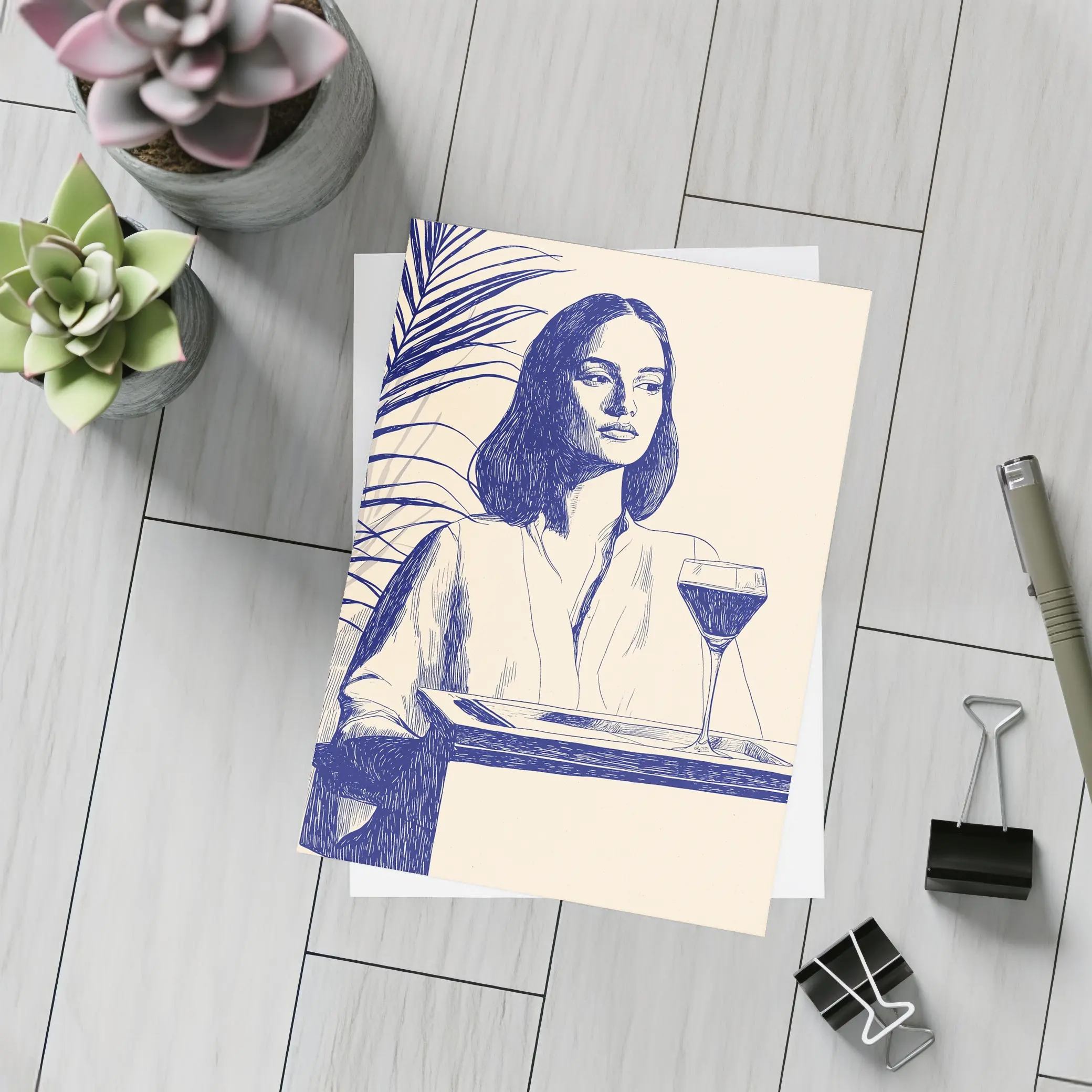 Woman With Wine Glass Line Art Drawing – Postcards
