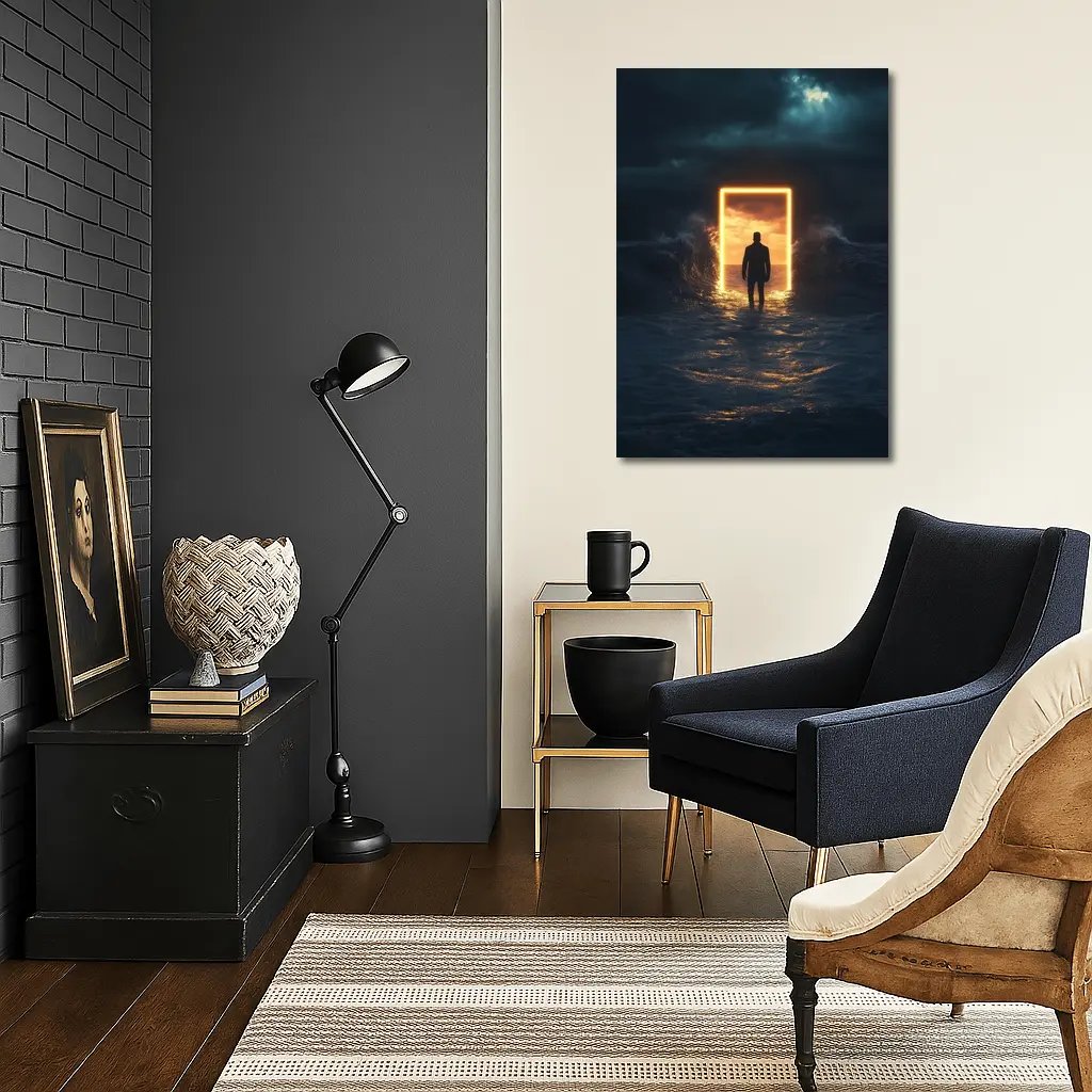 Man Walking Toward Glowing Door Ocean Storm – Wall Art
