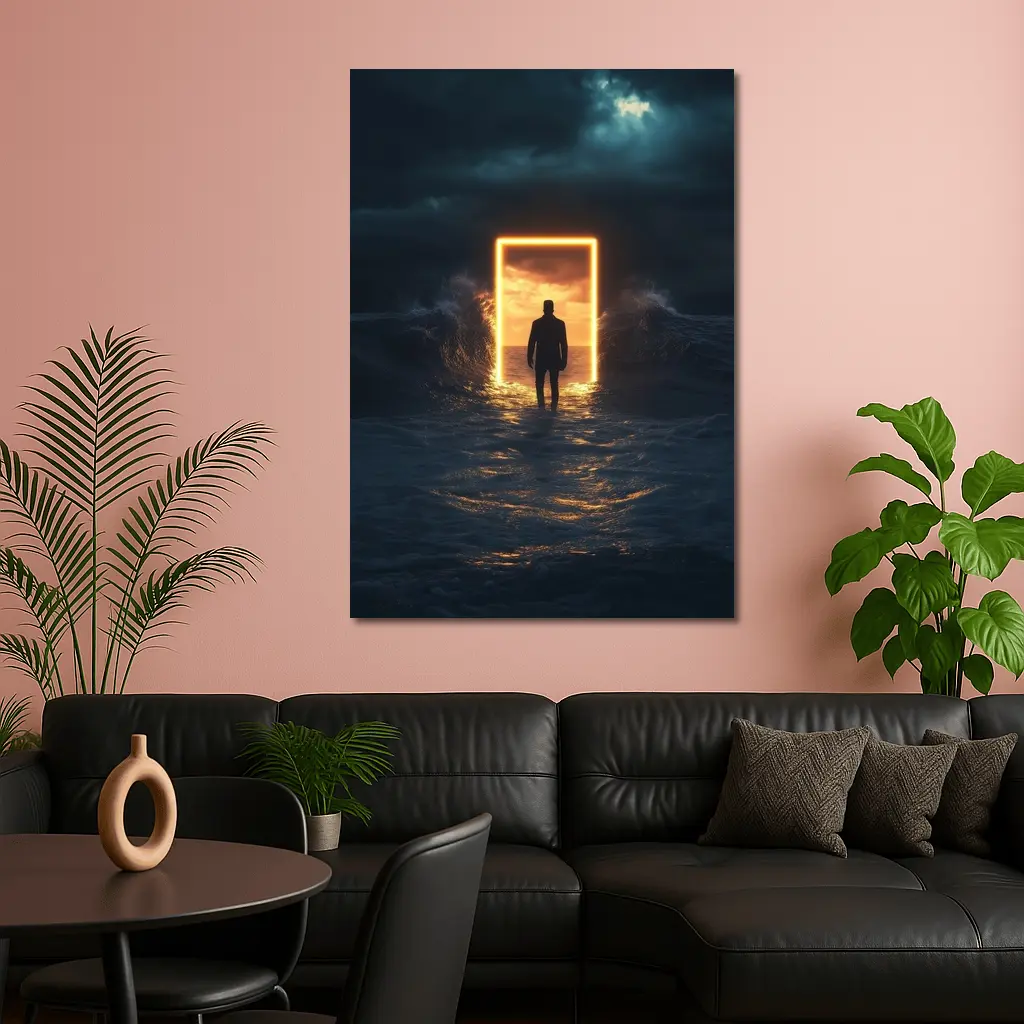 Man Walking Toward Glowing Door Ocean Storm – Wall Art