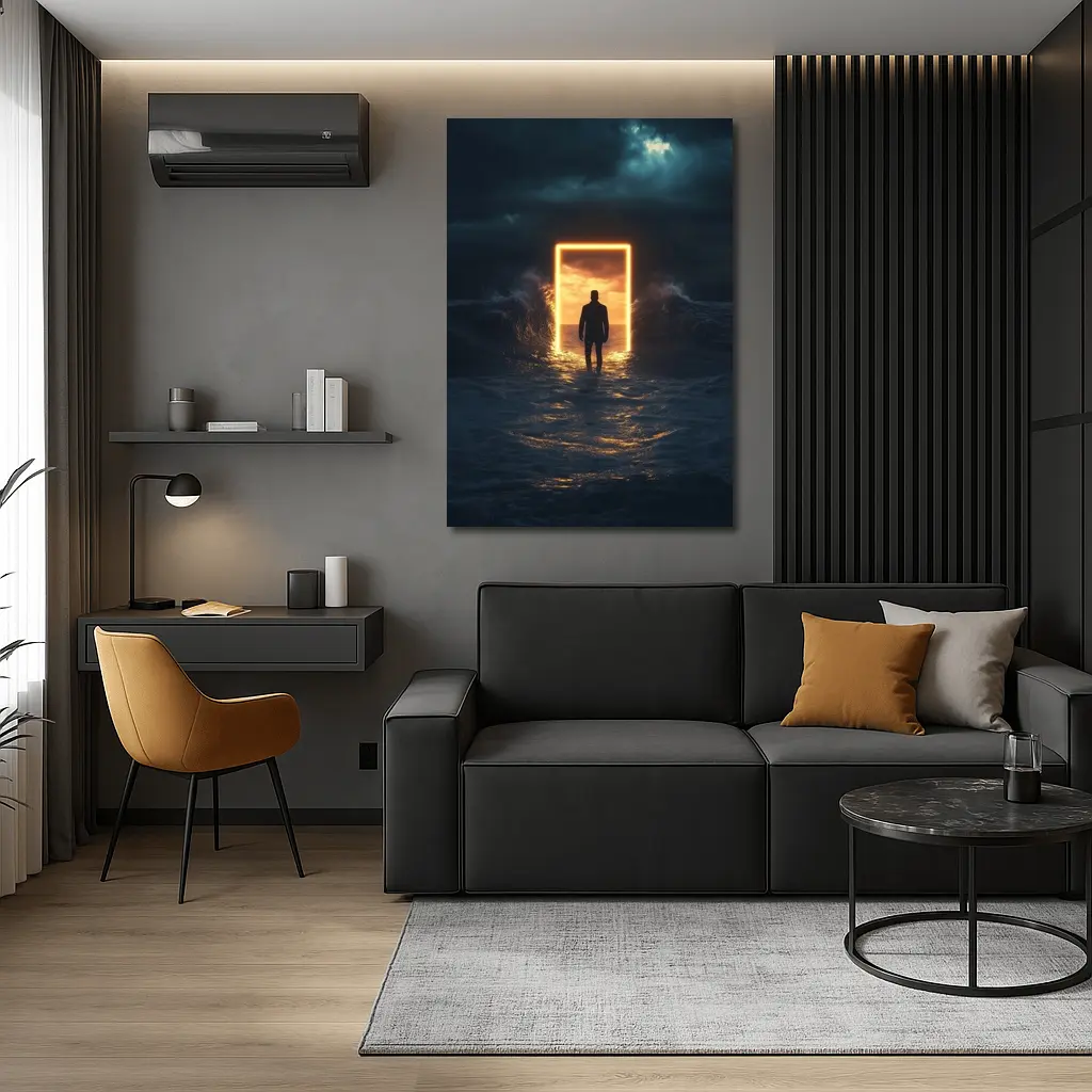 Man Walking Toward Glowing Door Ocean Storm – Wall Art