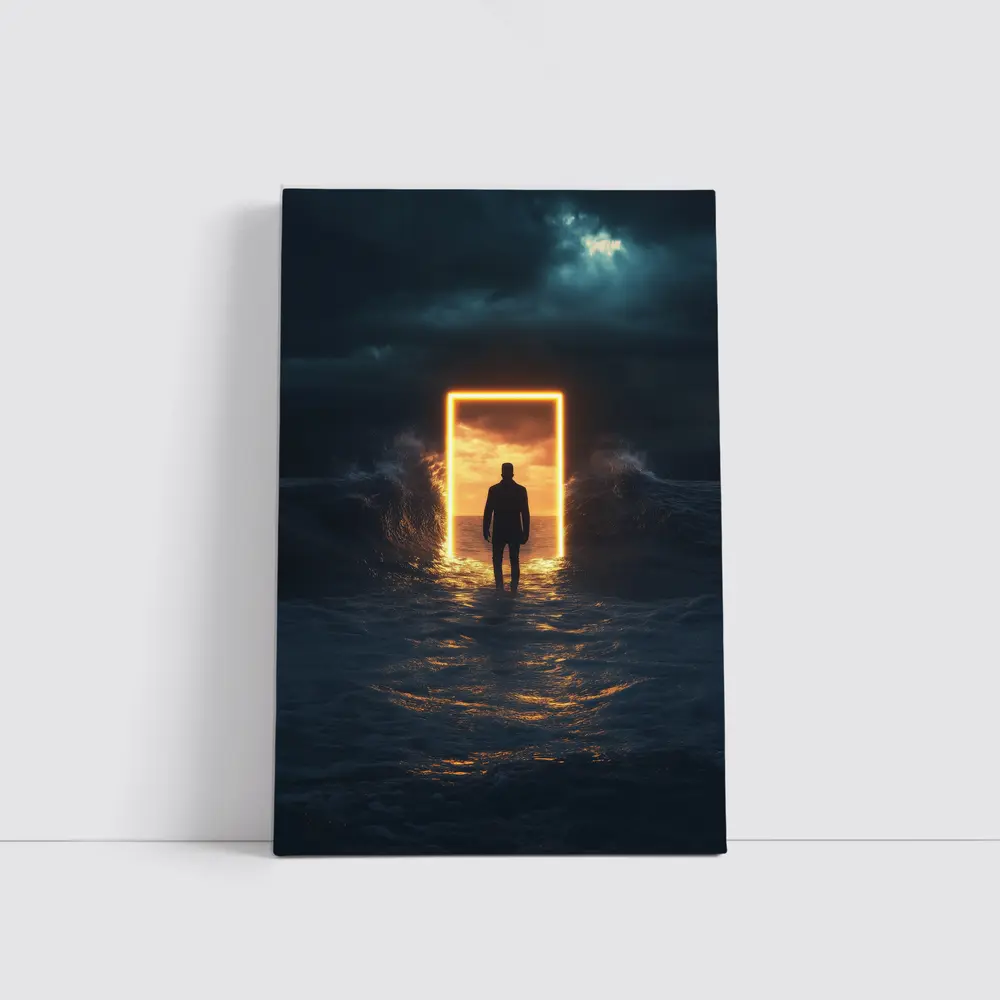 Man Walking Toward Glowing Door Ocean Storm – Wall Art