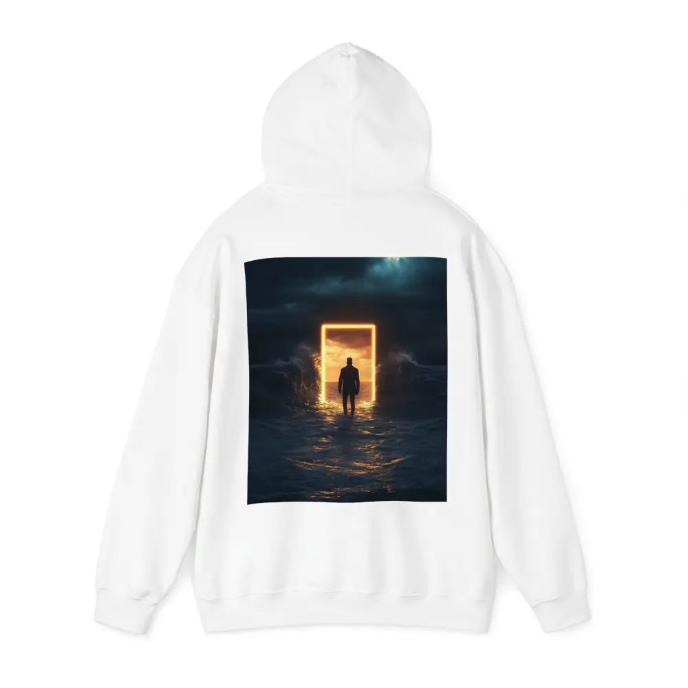 Man Walking Toward Glowing Door Ocean Storm – Hoodies