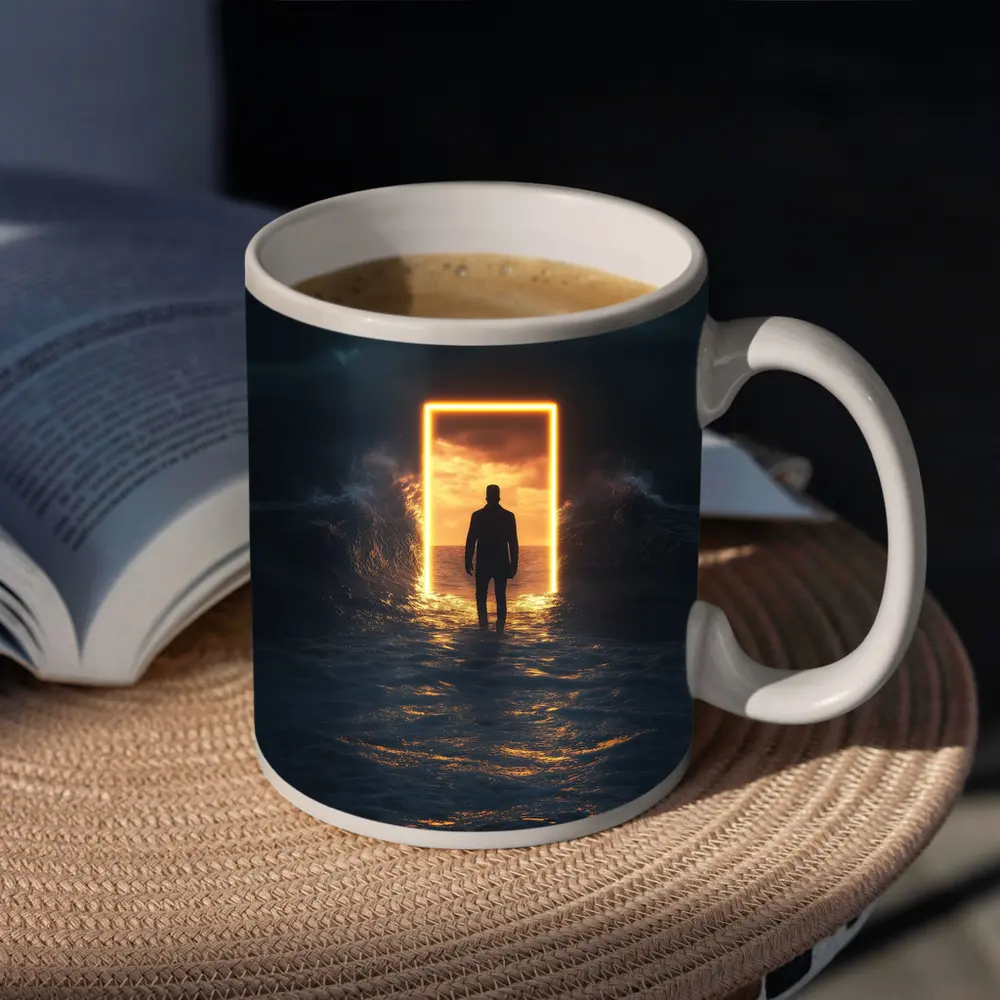 Man Walking Toward Glowing Door Ocean Storm – Mugs