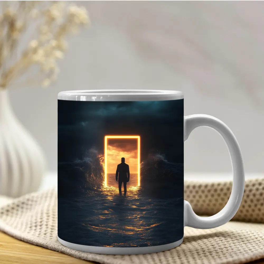 Man Walking Toward Glowing Door Ocean Storm – Mugs