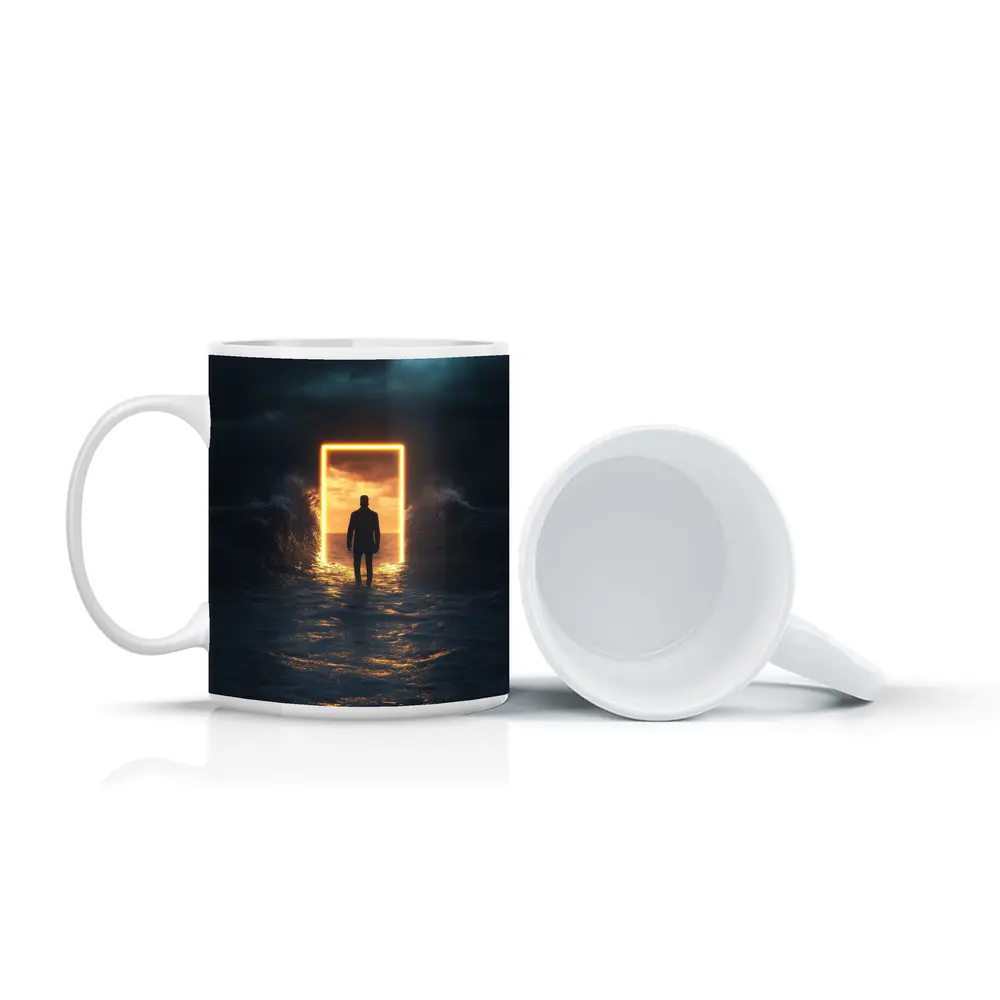 Man Walking Toward Glowing Door Ocean Storm – Mugs